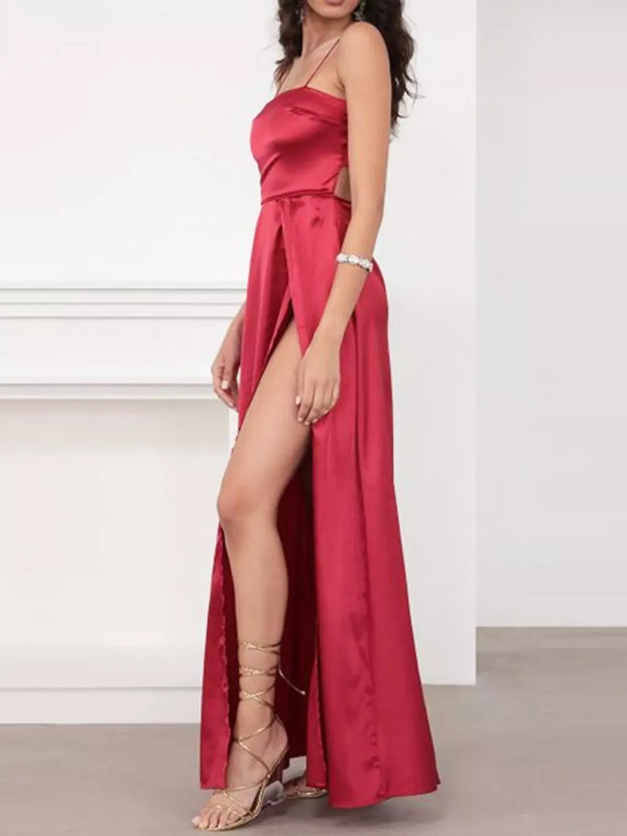 Spaghetti Strap High-slit Maxi Dress in Blue with side slit