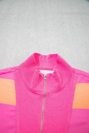 Vibrant striped two-piece set jacket with color block detail and zip-up collar.