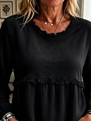 Black with Velvet Fringe Long Sleeve Blouse