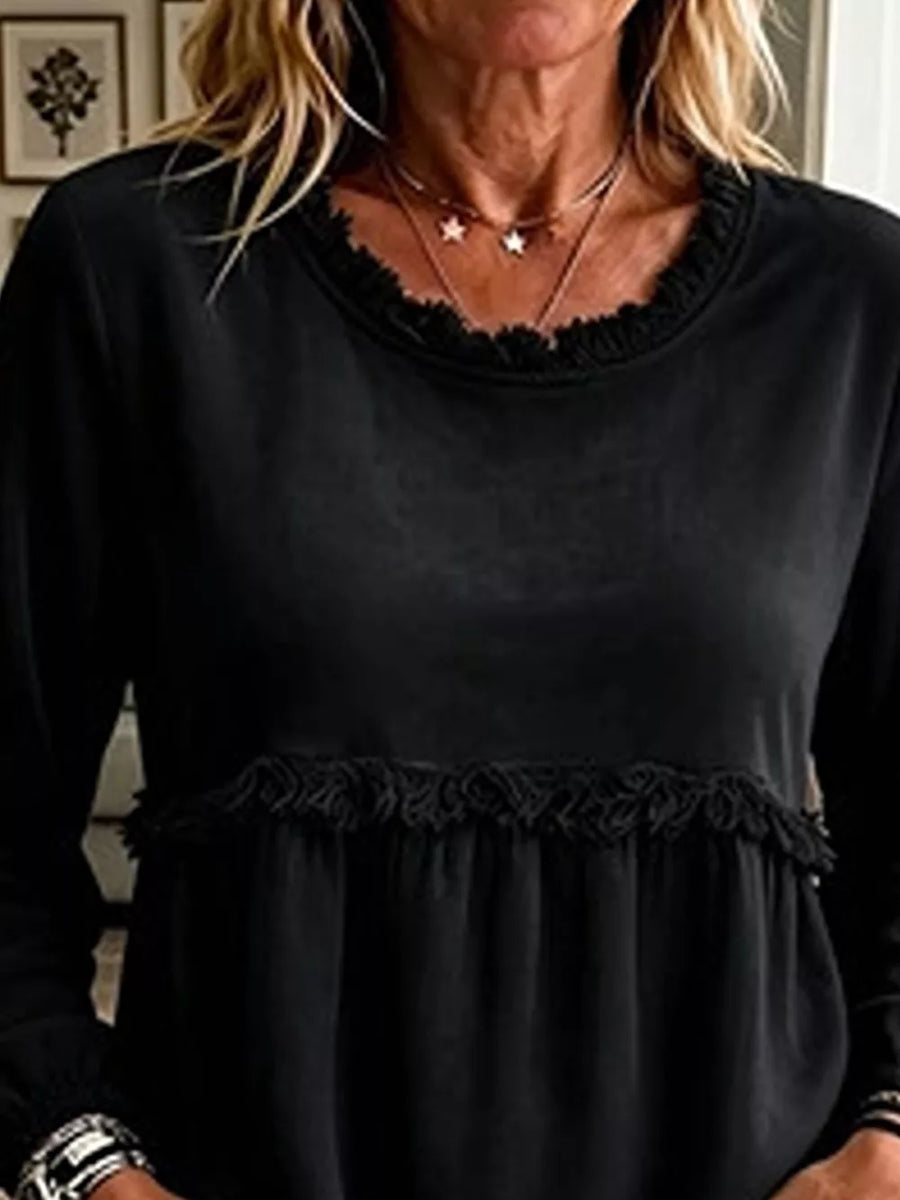 Black with Velvet Fringe Long Sleeve Blouse