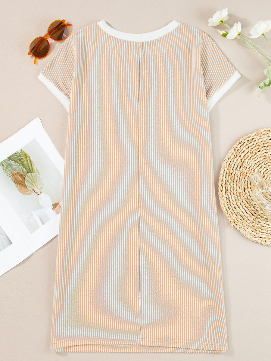 Beige striped t-shirt dress with crew neck and short sleeves, above knee length.