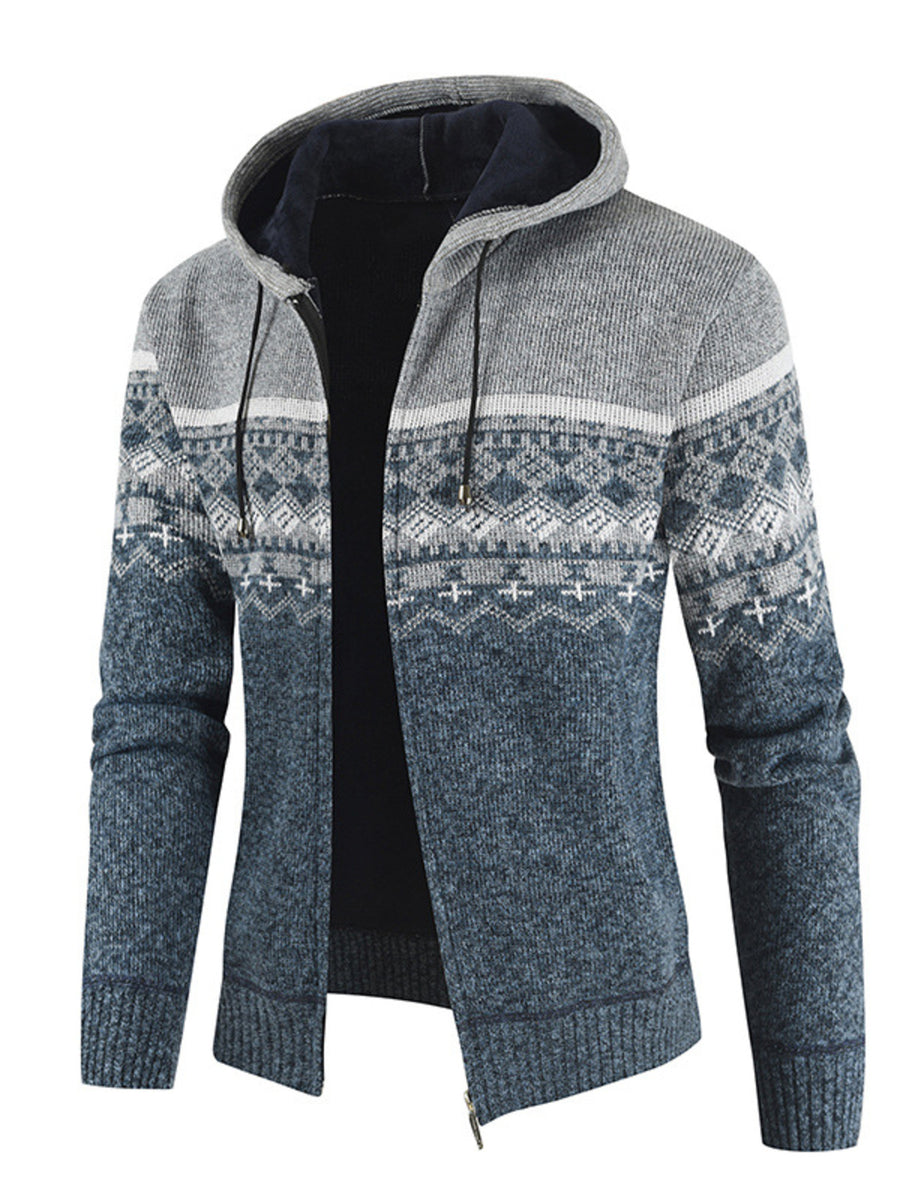 Blue cardigan with hip-length and zip-front