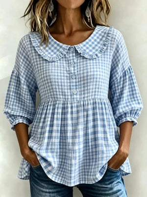 Yellow Full Size Gingham Peter Pan Collar Blouse Plus Size