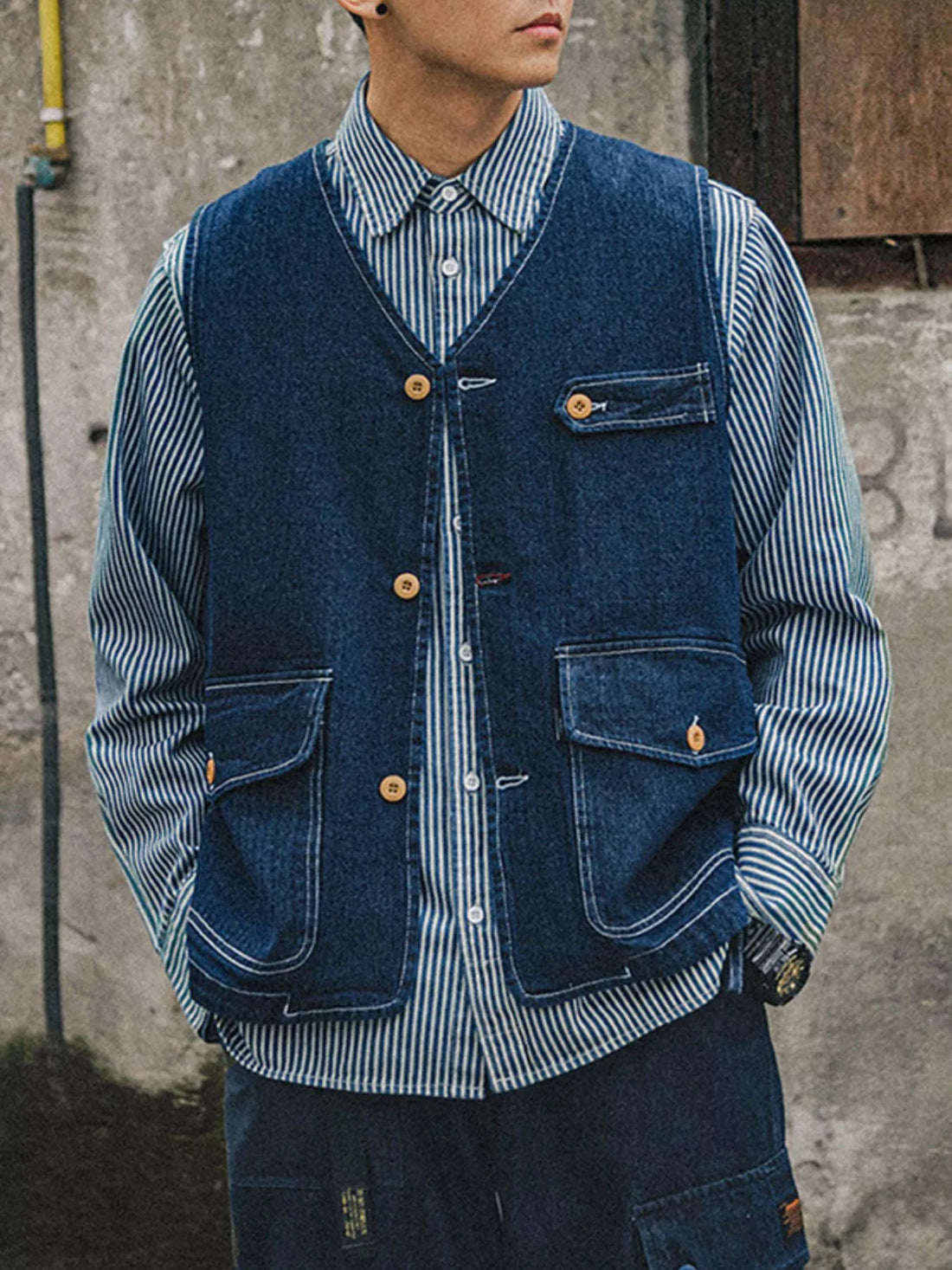 Plus-size navy denim vest with V-neck, button-up front, and four pockets.