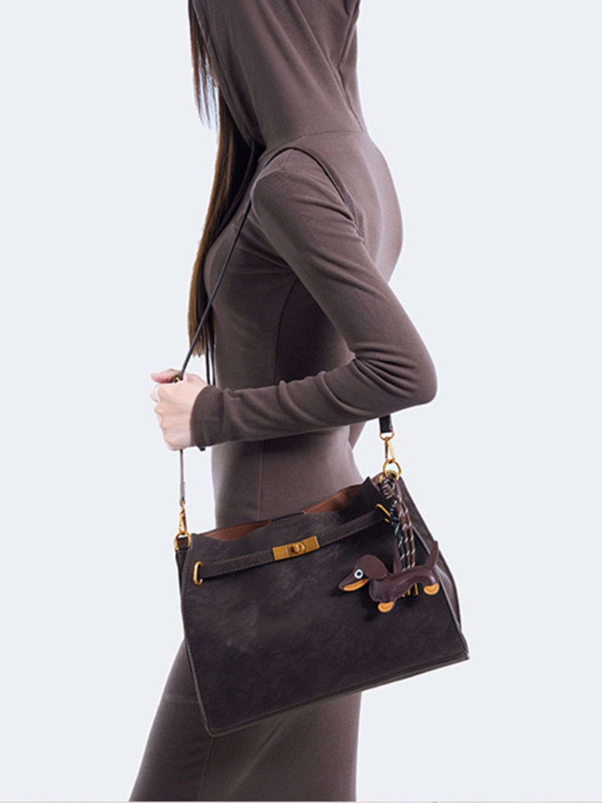 Decorative Buckle Crossbody Bag in espresso with adjustable strap