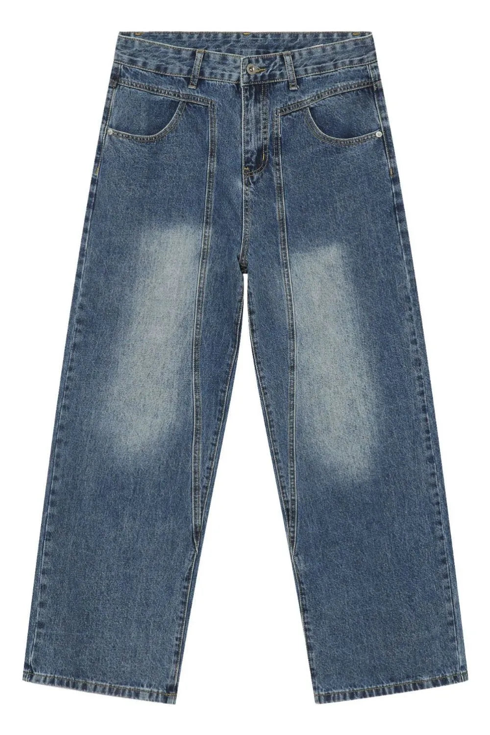 Panel seam wide leg jeans in medium wash denim with a relaxed fit.