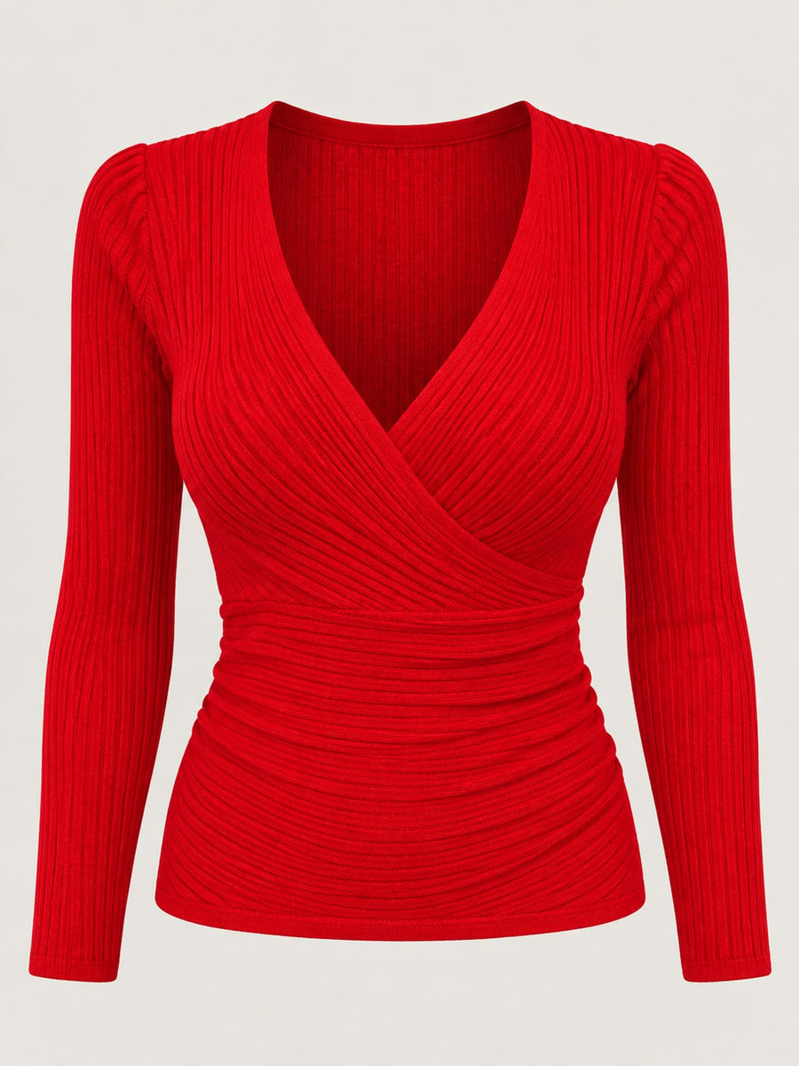 modern wrap top in Red with deep v-neck