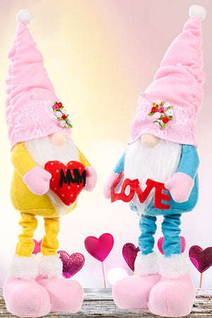 Embroidered gnome with pink hat holding a red heart with MUM, and another gnome with blue outfit holding red LOVE letters.