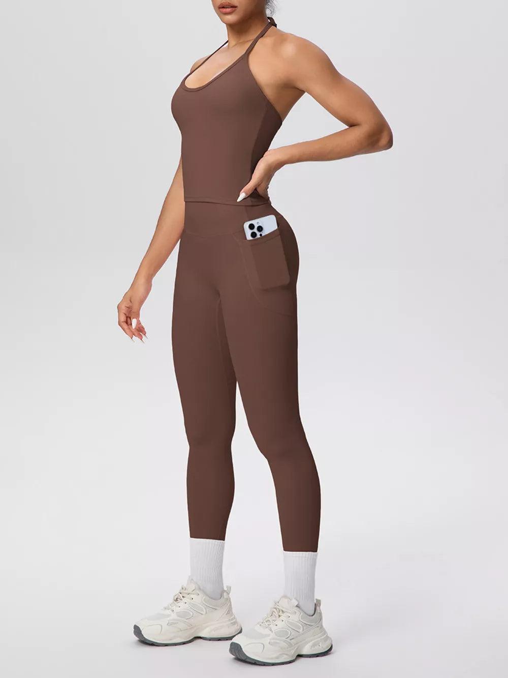 Halter Neck Cami And High-waisted Leggings Set in Brown