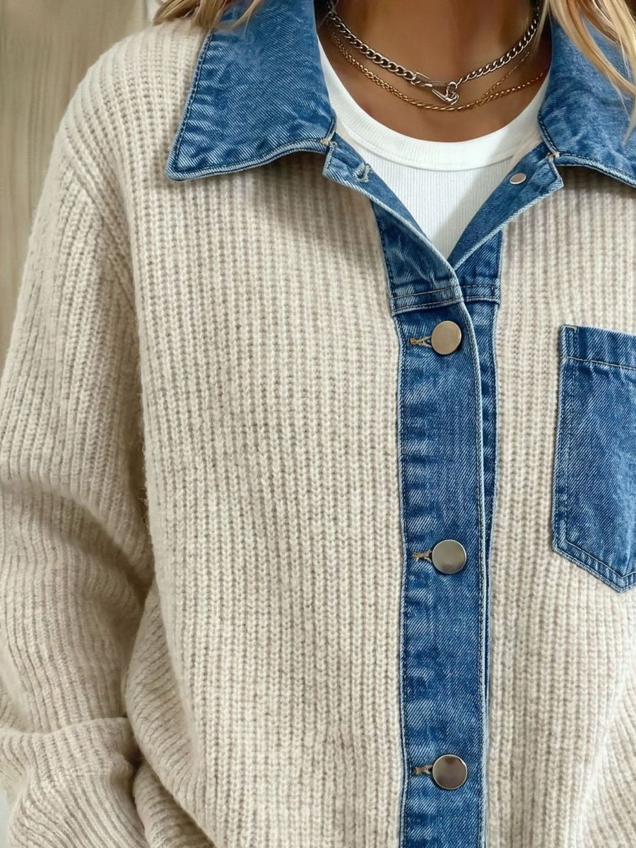 medium blue cardigan featuring ribbed and color-block
