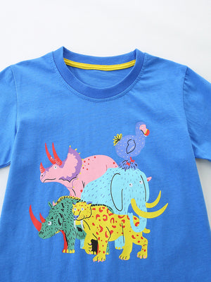 Blue cotton toddler t-shirt with colorful cartoon animal print featuring dinosaurs and jungle cats.