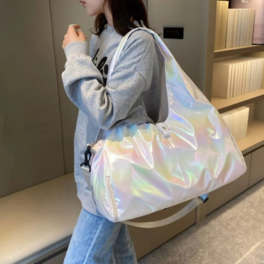 Iridescent white PVC convertible bag with adjustable strap and comfortable handle