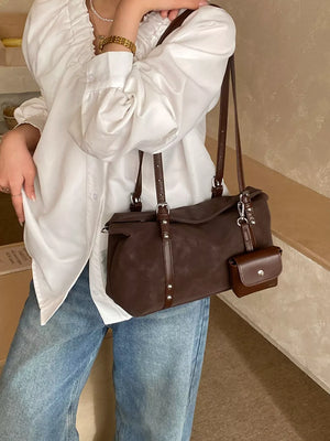 Brown with Leather Shoulder Bag With Detachable Pouch in Brown