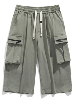 Army green cargo shorts with drawstring waist and zippered pockets.