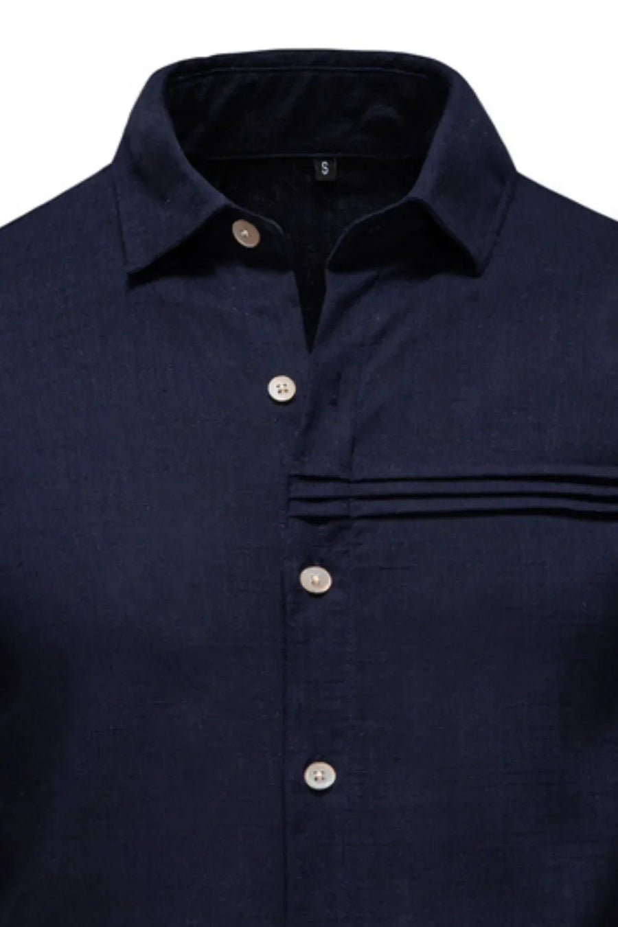 Navy linen shirt with buttoned collar and pleated pocket detail.
