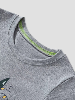 Gray cotton long-sleeve tee with dinosaur graphic and neon green neck trim detail.