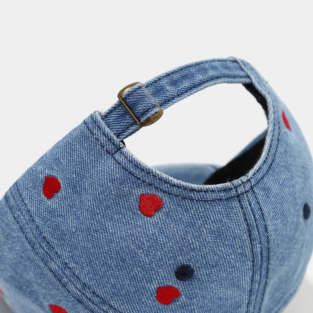 Embroidered Heart Denim Baseball Cap in black with embroidered