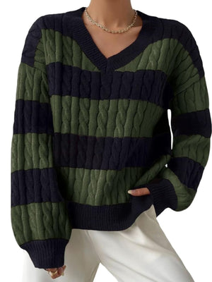 Wine Red v-neck sweater with pullover and striped