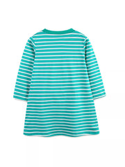 Turquoise striped long-sleeve cotton dress with bird applique detail on front.