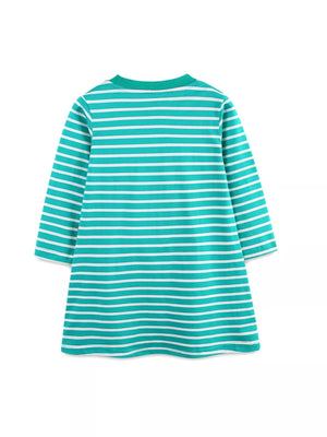 Turquoise striped long-sleeve cotton dress with bird applique detail on front.