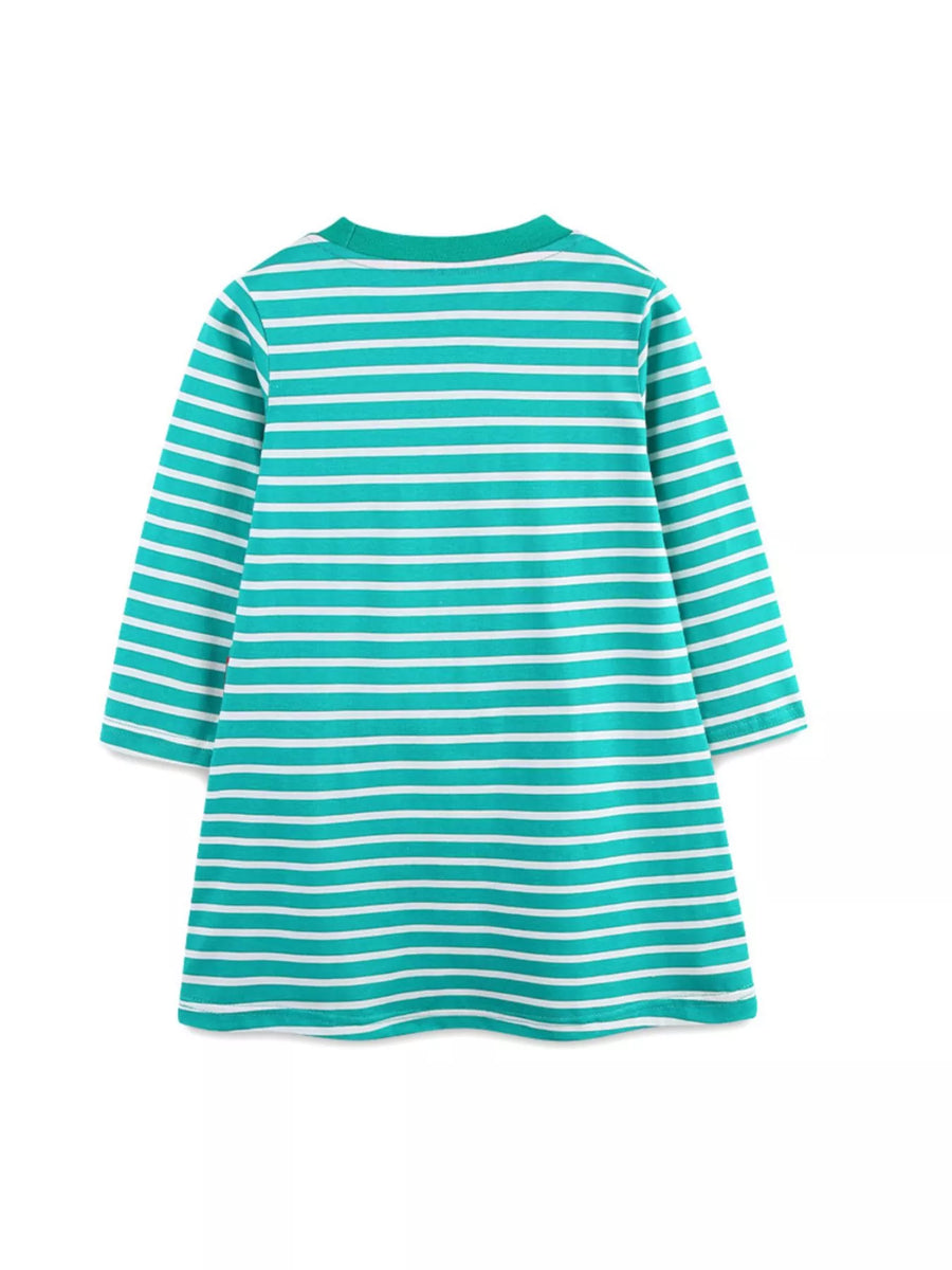 Turquoise striped long-sleeve cotton dress with bird applique detail on front.
