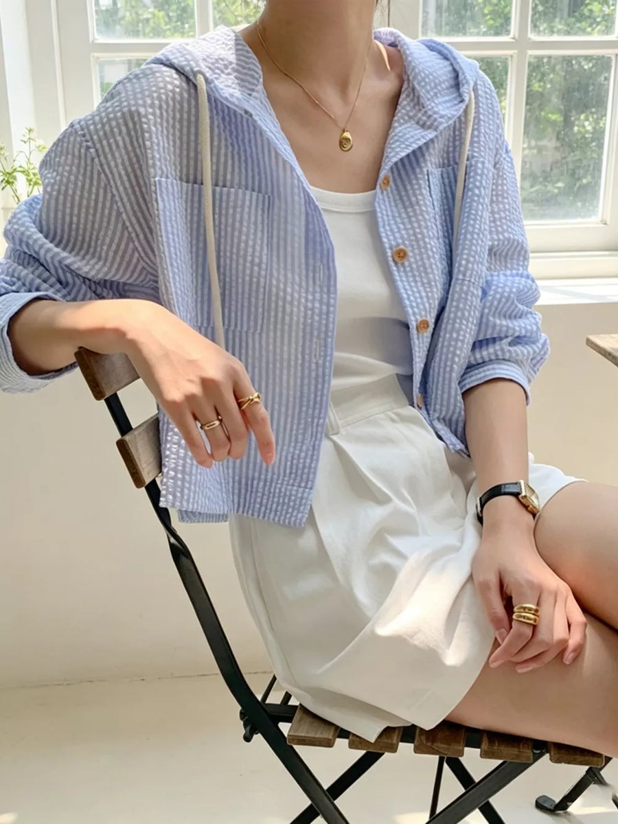 Blue with Striped Hooded Shirt With Drawstring