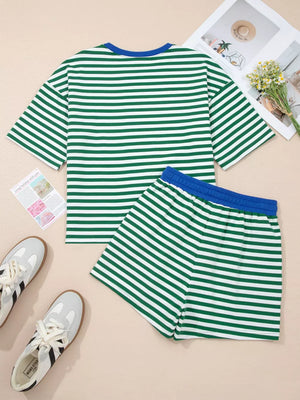 Green and white striped cotton boxy tee with blue trim and matching shorts.