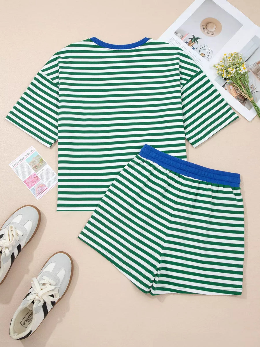 Green and white striped cotton boxy tee with blue trim and matching shorts.
