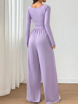 Ruched Square Neck Wide-leg Jumpsuit in Pink