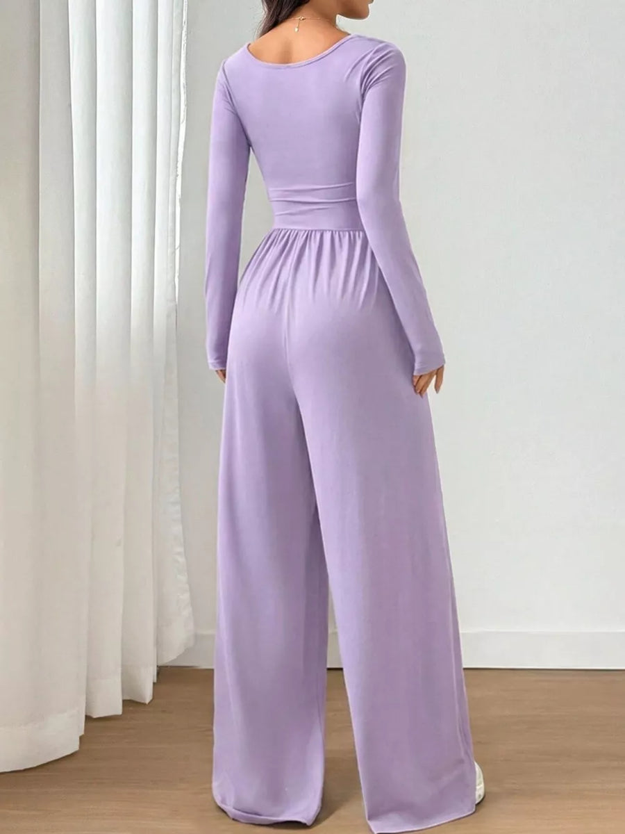 Ruched Square Neck Wide-leg Jumpsuit in Pink