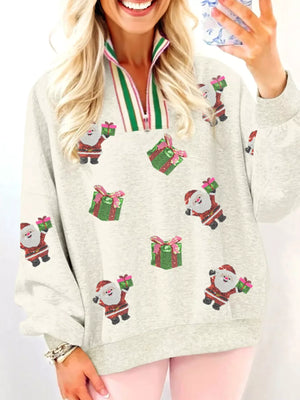 Light gray zip neck sweatshirt with Santa and gift patchwork sequins and striped collar.