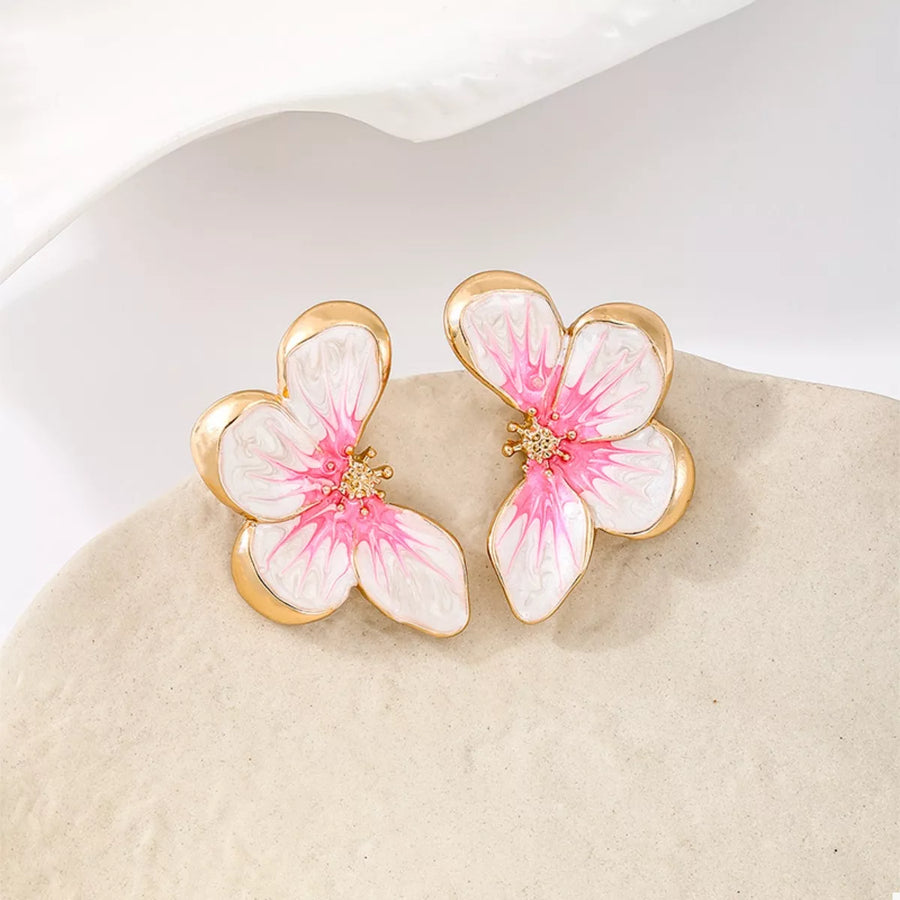 Pink and white butterfly blossom stud earrings with gold plating