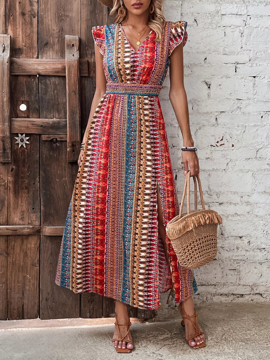 Bohemian maxi dress with ruffle sleeves and a colorful geometric print.