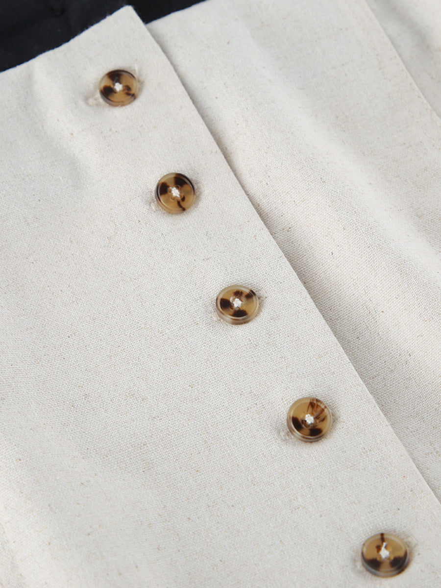 Beige cotton blend button front maxi dress detail with tortoise shell buttons