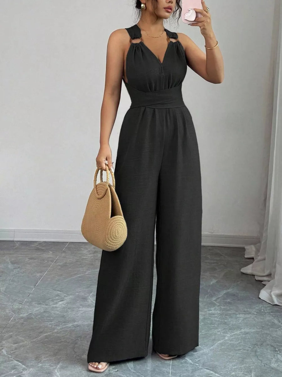 resort jumpsuit in Olive Green with v-neck