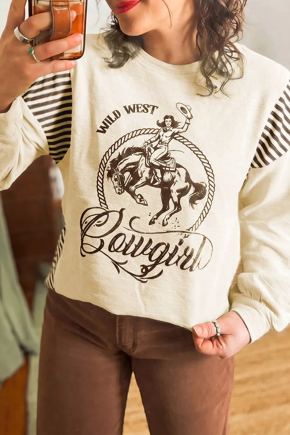 cream pullover sweater with graphic-print, striped and crew neck