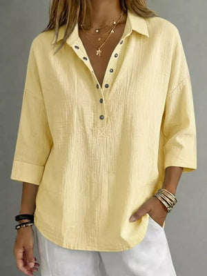 Pink Full Size Snap Down 3/4 Sleeve Blouse Plus Size