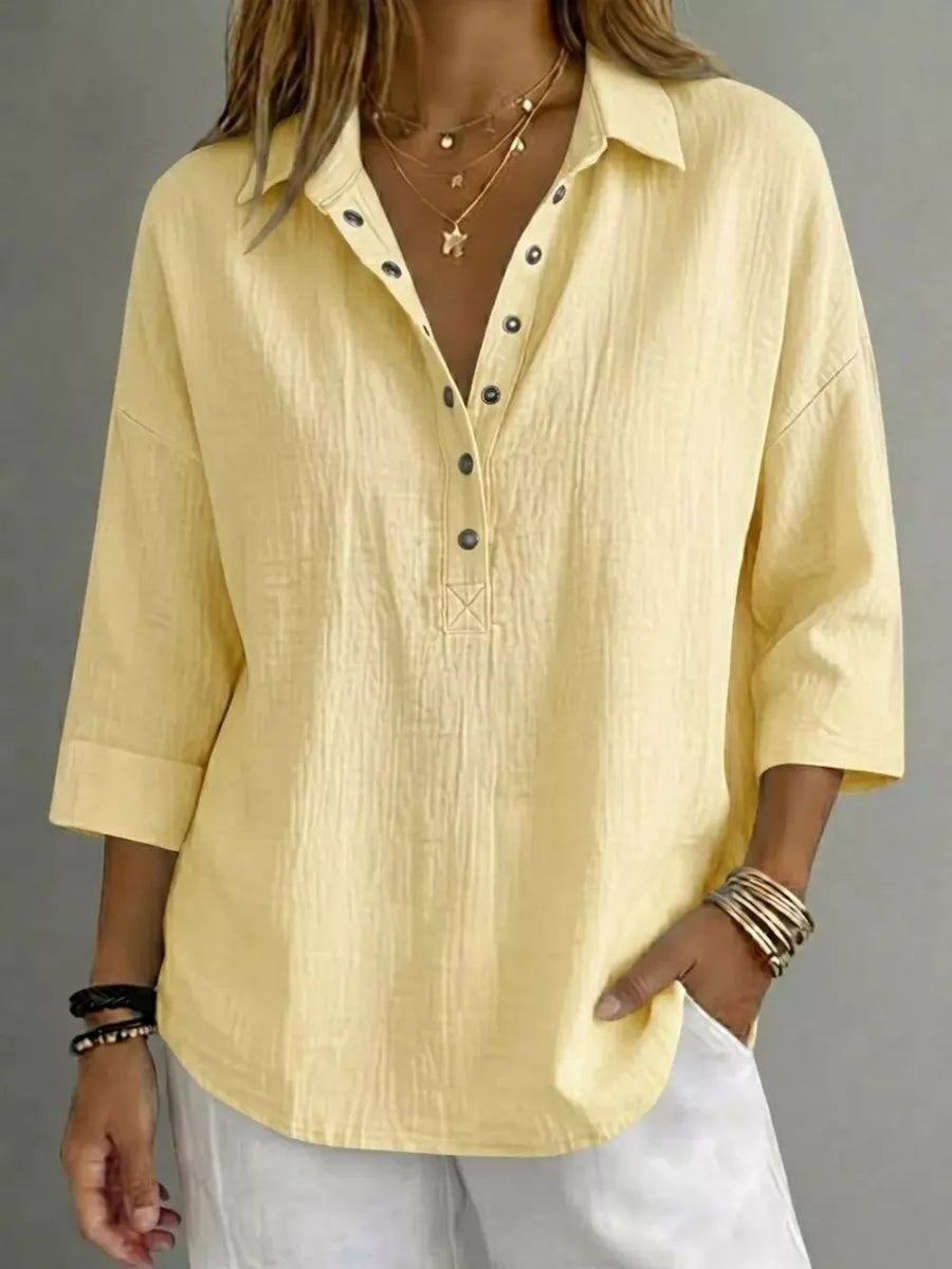 Pink Full Size Snap Down 3/4 Sleeve Blouse Plus Size