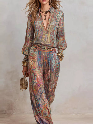 teal lounge set with paisley and collared