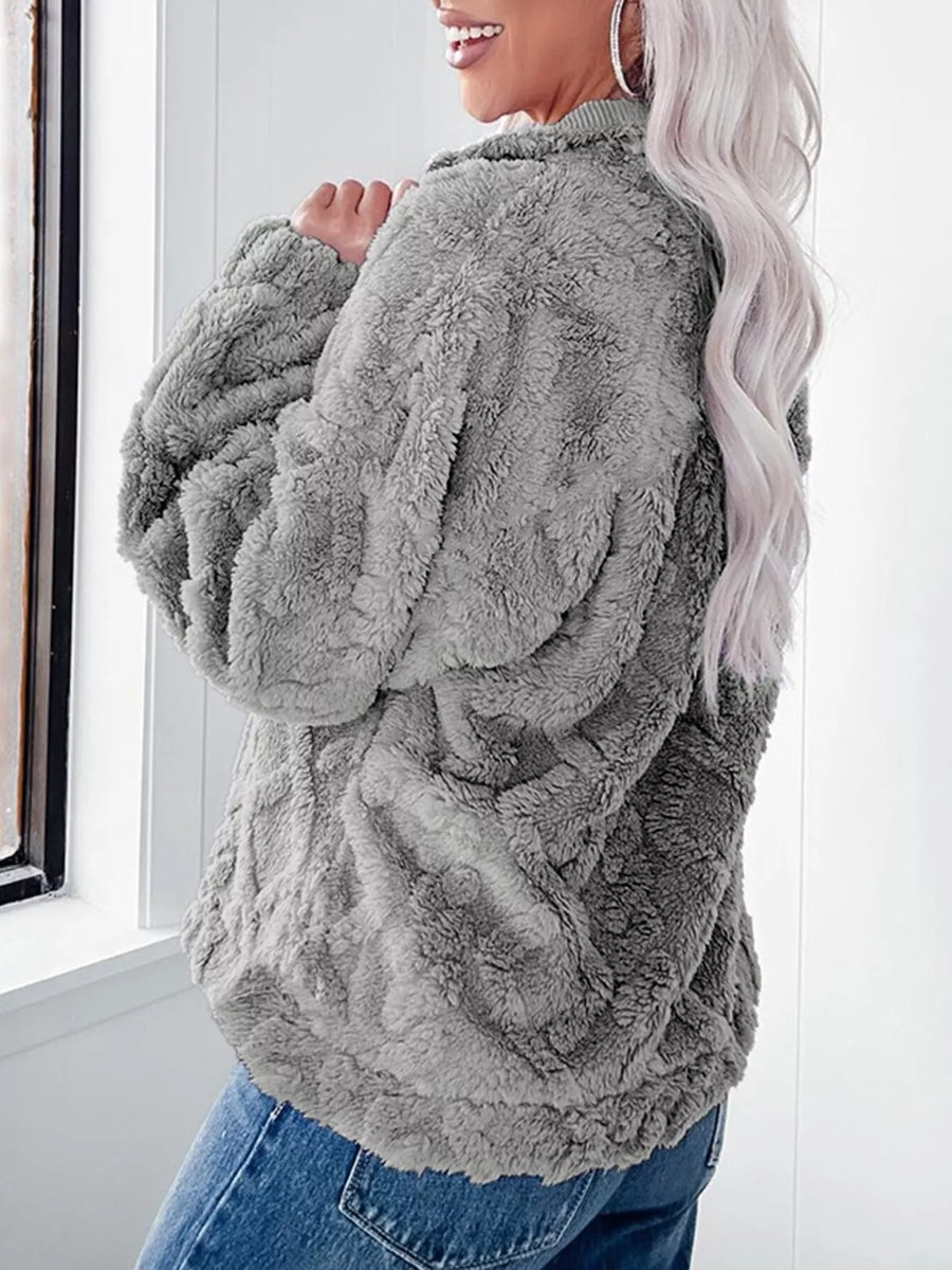 Textured fleece quarter zip sweatshirt in gray with a cozy, plush feel.