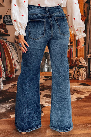 Navy flare jeans with full-length and button-front