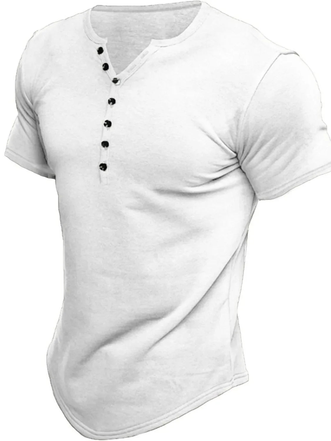 White henley tee with button placket and curved hem