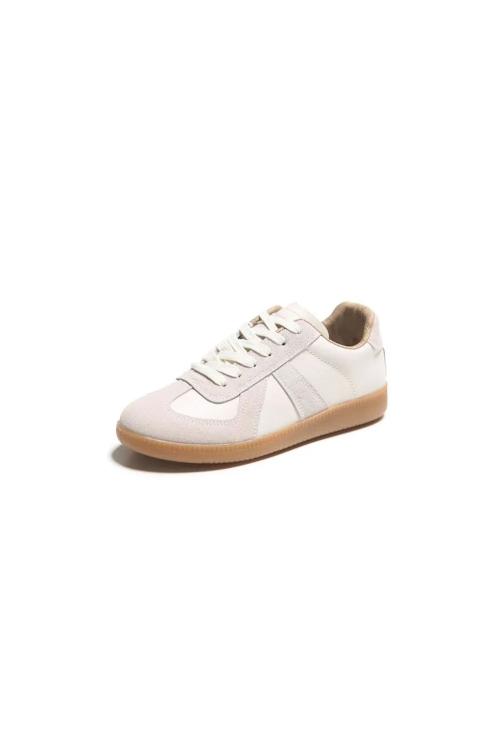 Beige suede and leather retro trainers with gum sole