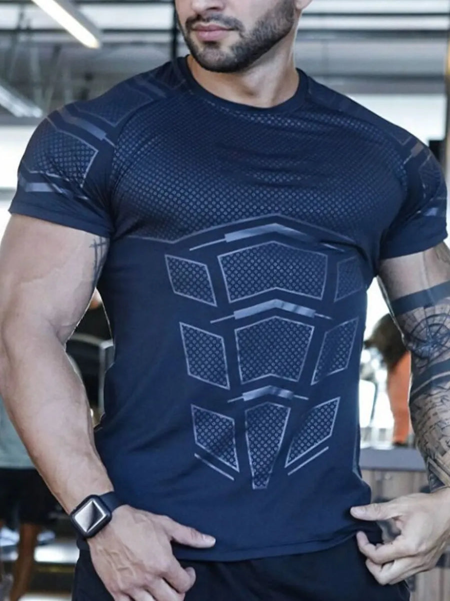 Dark gray performance tee with geometric detail and short sleeves.