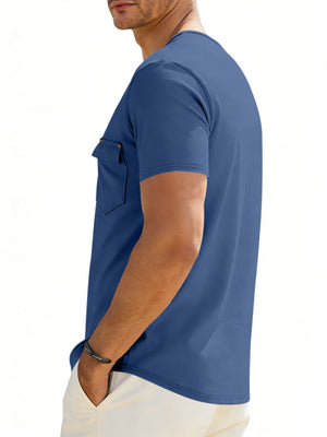 Blue cotton blend tee with scoop neck and chest pocket.
