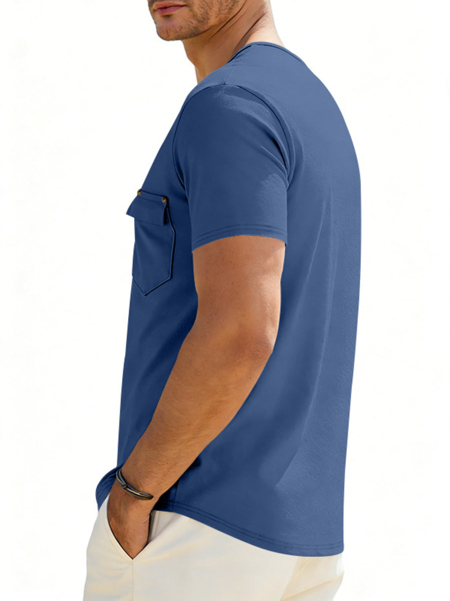 Blue cotton blend tee with scoop neck and chest pocket.