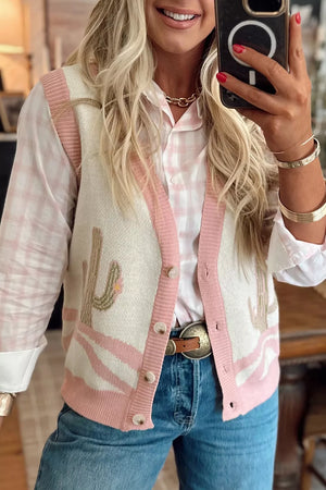 Color Block Cactus Pattern Western Sweater Vest option 3