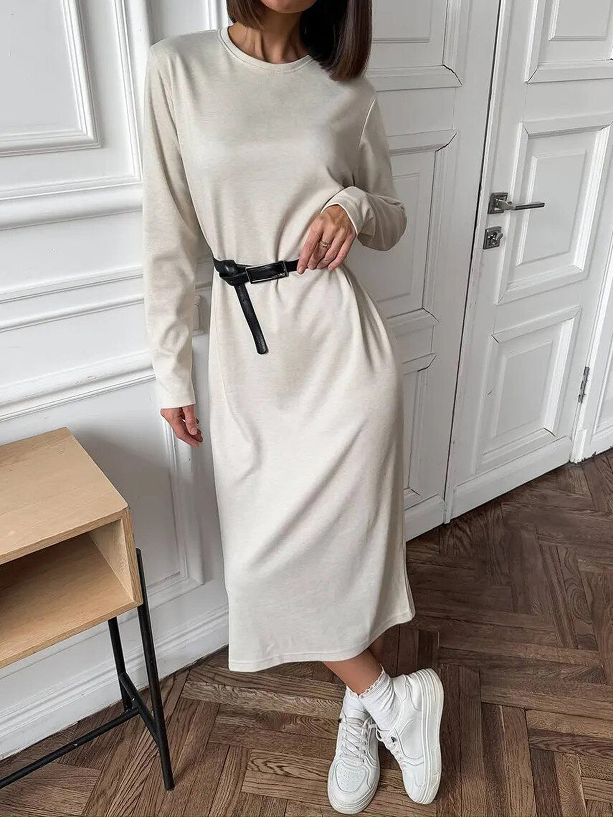midi dress in ivory featuring stretch and straight fit