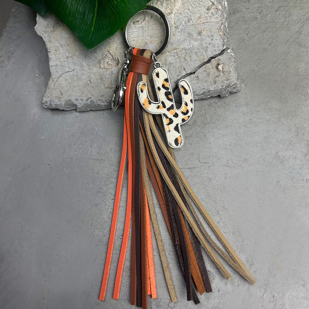Cactus leather keyring with leopard print and multi-colored tassels.