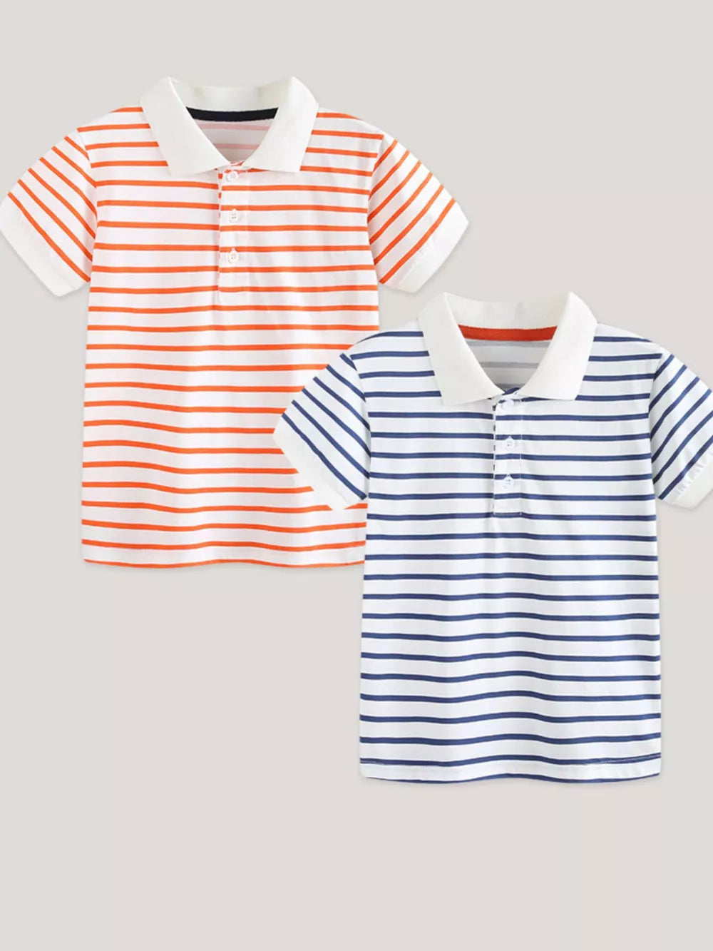 Two short sleeve cotton polos, one coral striped and one dusty blue striped, with white collars.